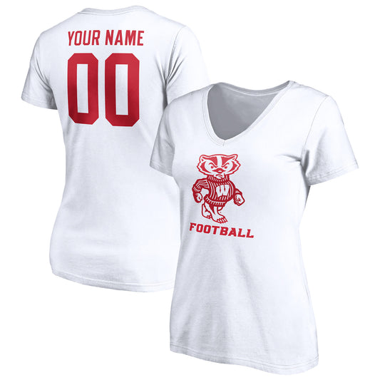 Women's White Wisconsin Badgers Personalized Any Name & Number One Color V-Neck T-Shirt