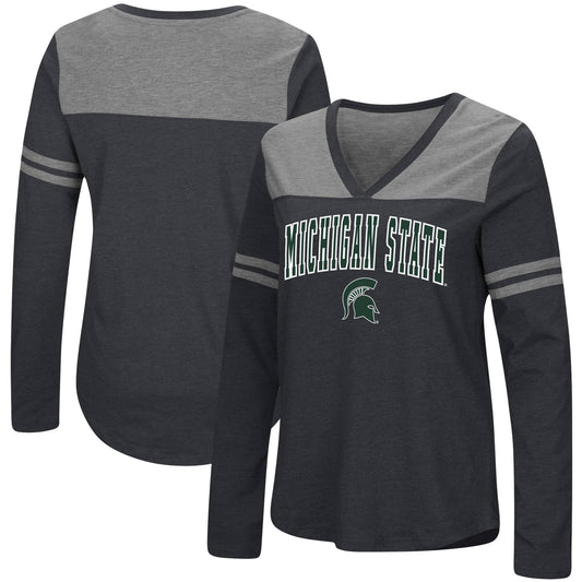 Women's Colosseum Black Michigan State Spartans Core Heritage Arch Logo V-Neck Long Sleeve T-Shirt