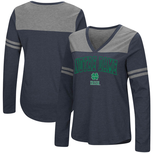 Women's Colosseum Navy Notre Dame Fighting Irish Core Heritage Arch Logo V-Neck Long Sleeve T-Shirt