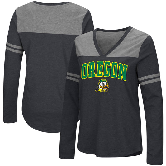 Women's Colosseum Black Oregon Ducks Core Heritage Arch Logo V-Neck Long Sleeve T-Shirt