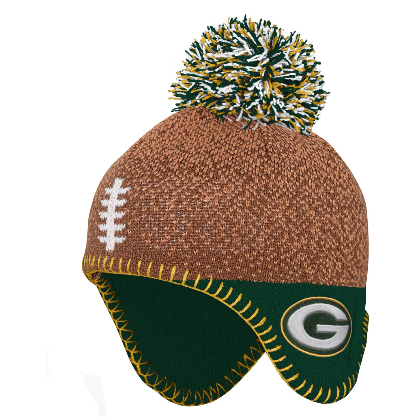 Preschool Brown/Green Green Bay Packers Football Head Knit Hat with Pom