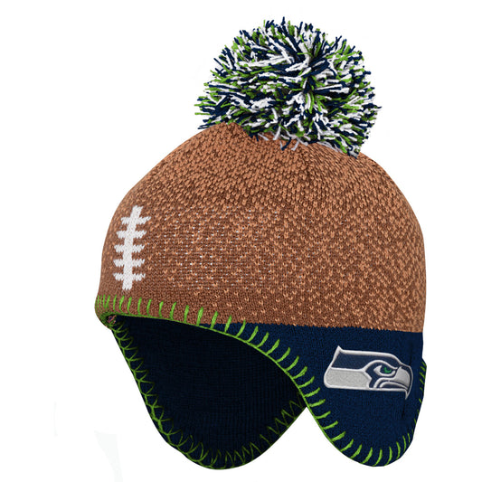 Preschool Brown/College Navy Seattle Seahawks Football Head Knit Hat with Pom