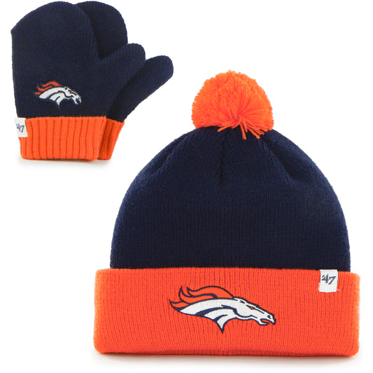 Toddler '47 Navy/Orange Denver Broncos Bam Bam Cuffed Knit Hat with Pom and Mittens Set