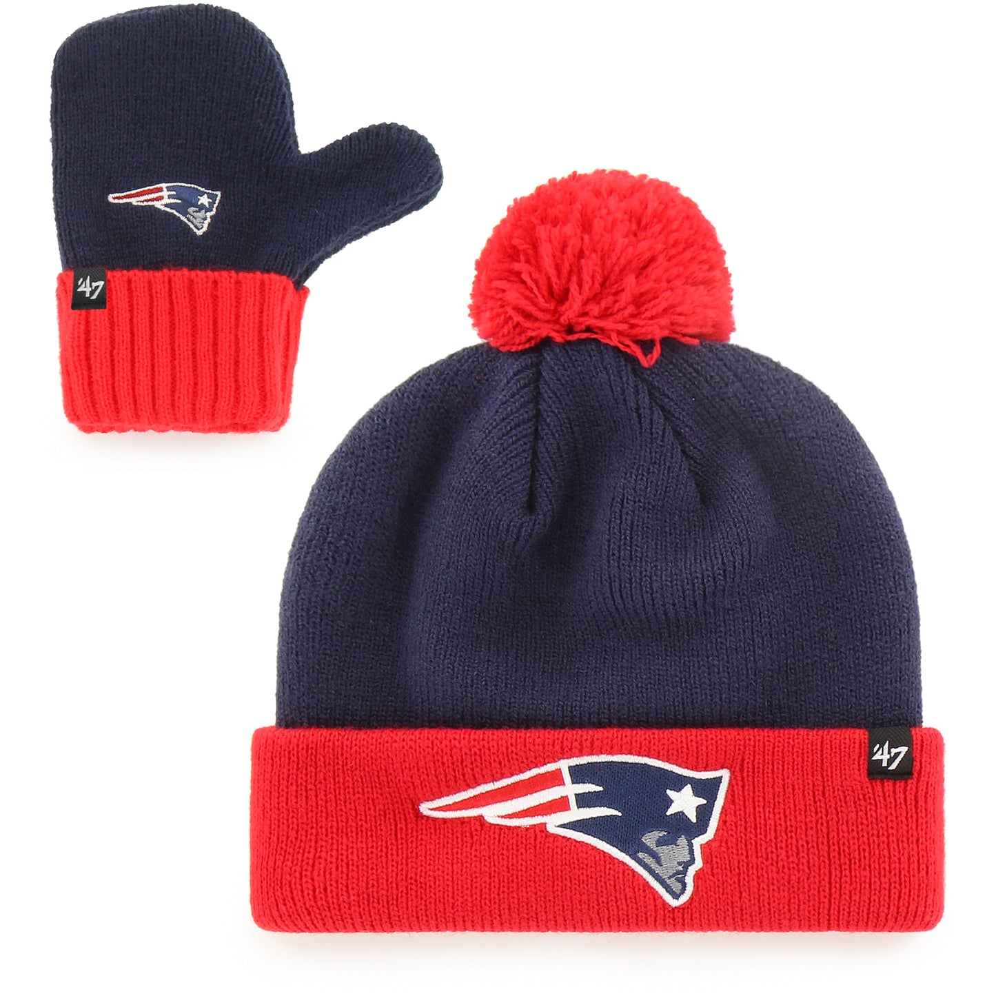 Toddler '47 Navy/Red New England Patriots Bam Bam Cuffed Knit Hat with Pom and Mittens Set