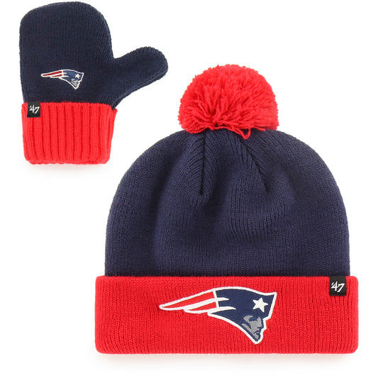 Toddler '47 Navy/Red New England Patriots Bam Bam Cuffed Knit Hat with Pom and Mittens Set