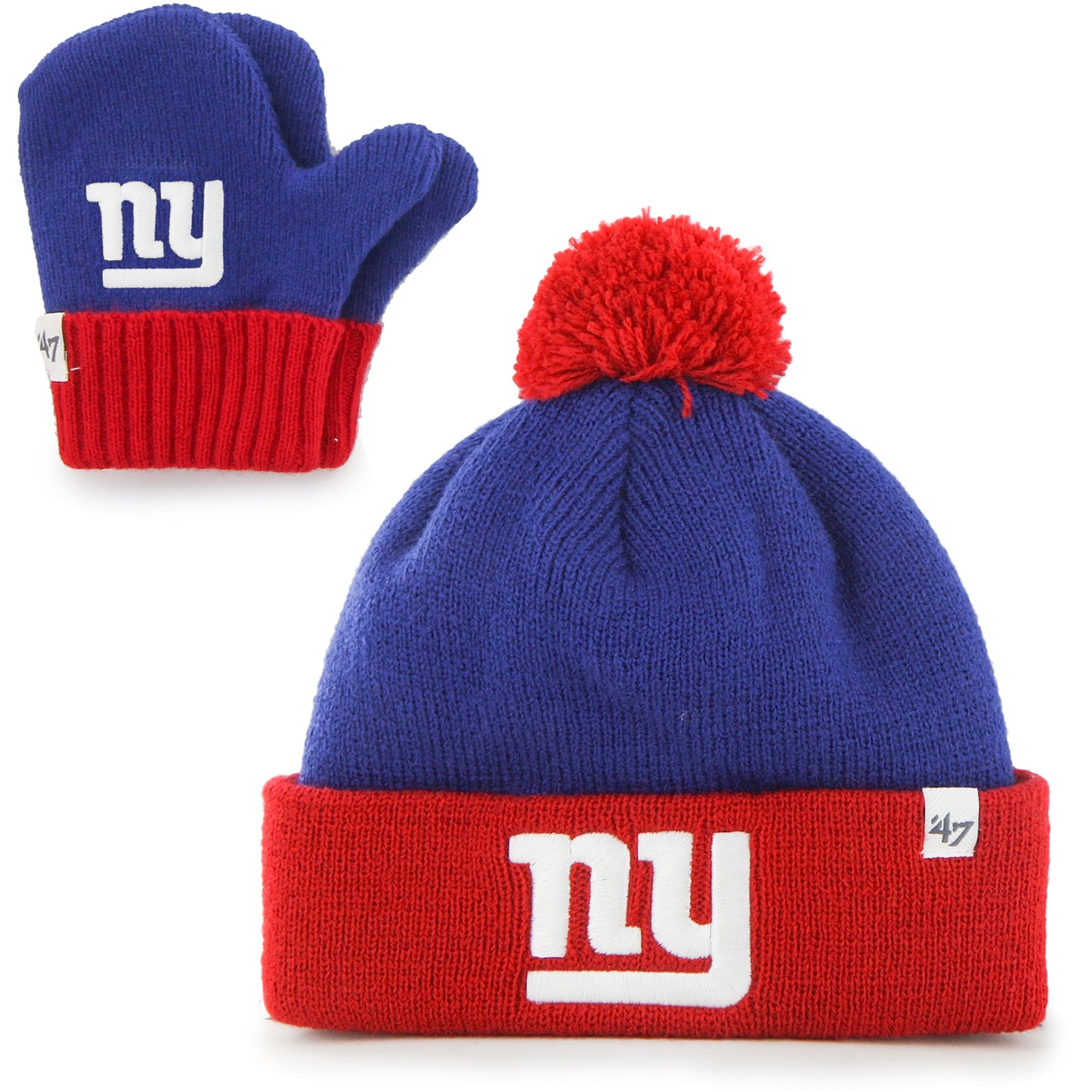 Toddler '47 Royal/Red New York Giants Bam Bam Cuffed Knit Hat with Pom and Mittens Set