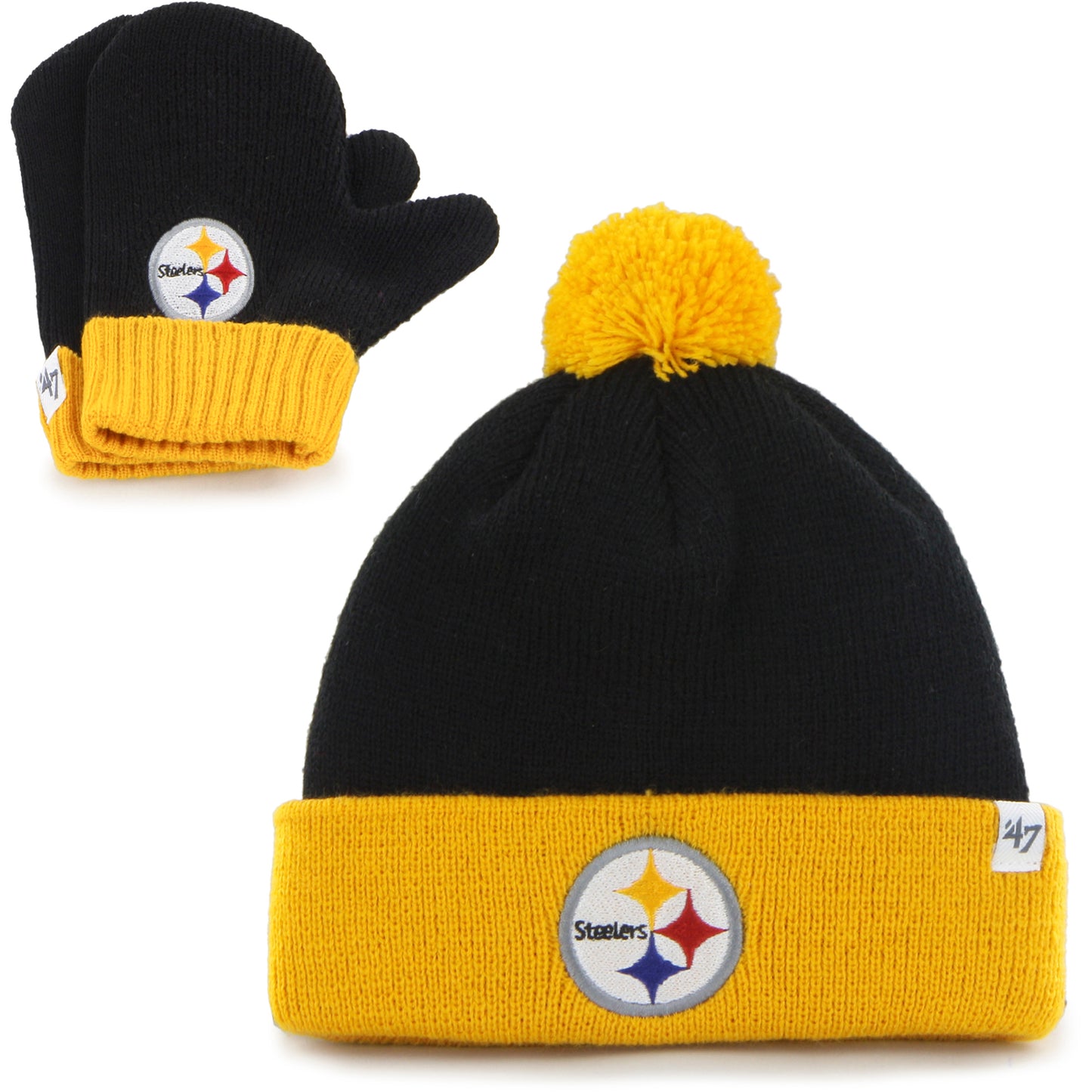 Toddler '47 Black/Gold Pittsburgh Steelers Bam Bam Cuffed Knit Hat with Pom and Mittens Set