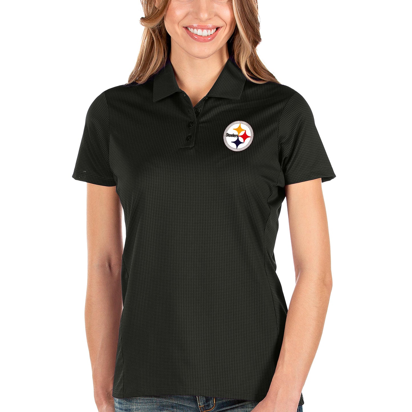 Women's Antigua Black Pittsburgh Steelers Balance Polo