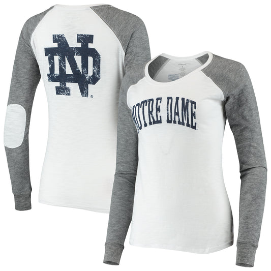 Women's White/Heathered Gray Notre Dame Fighting Irish Preppy Elbow Patch 2-Hit Arch and Logo Raglan Long Sleeve T-Shirt