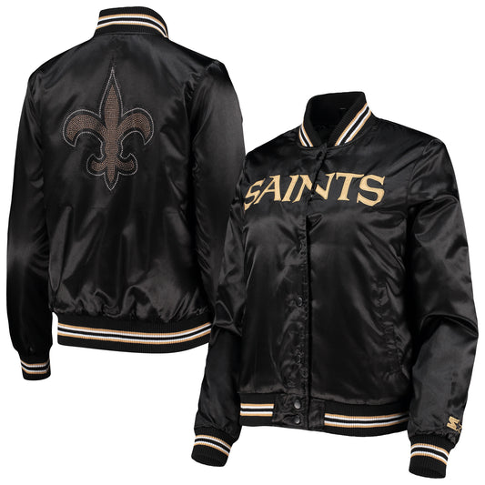 Women's Starter Black New Orleans Saints Varsity Lover Satin Full-Snap Jacket