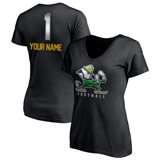 Women's Black Notre Dame Fighting Irish Personalized Any Name Midnight Mascot V-Neck T-Shirt