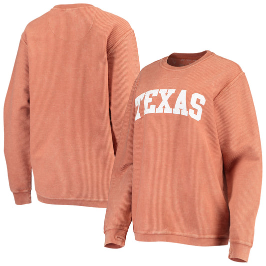 Women's Pressbox Texas Orange Texas Longhorns Comfy Cord Vintage Wash Basic Arch Pullover Sweatshirt