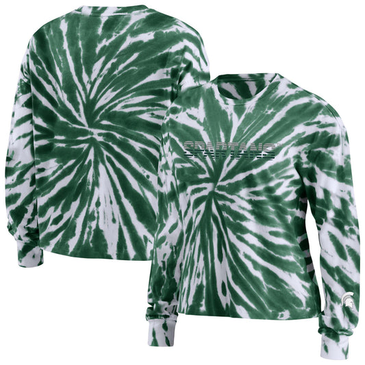 Women's WEAR by Erin Andrews Green Michigan State Spartans Tie-Dye Long Sleeve T-Shirt