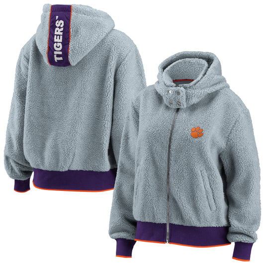 Women's WEAR by Erin Andrews Gray Clemson Tigers Sherpa Full-Zip Hoodie