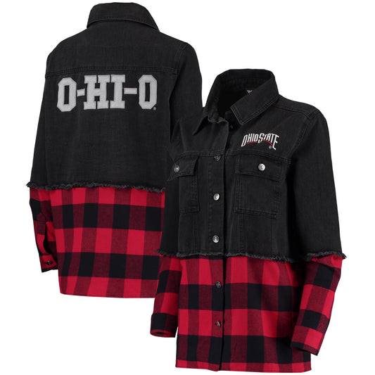 Women's The Wild Collective Black/Scarlet Ohio State Buckeyes Denim Flannel Stitch Button-Up Shirt