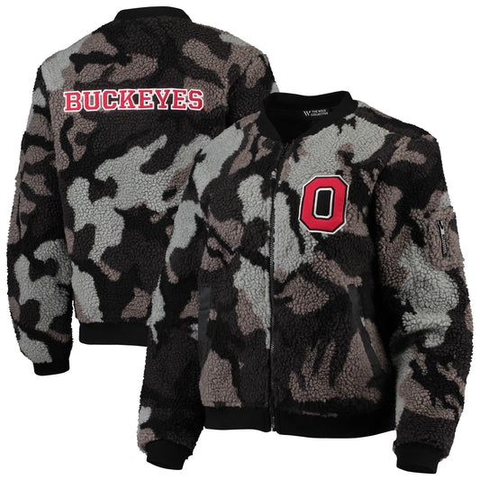 Women's The Wild Collective Black Ohio State Buckeyes Sherpa Bomber Full-Zip Jacket