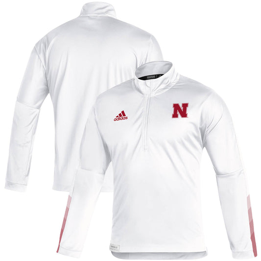 Men's adidas White Nebraska Huskers 2021 Sideline Primeblue Quarter-Zip Jacket