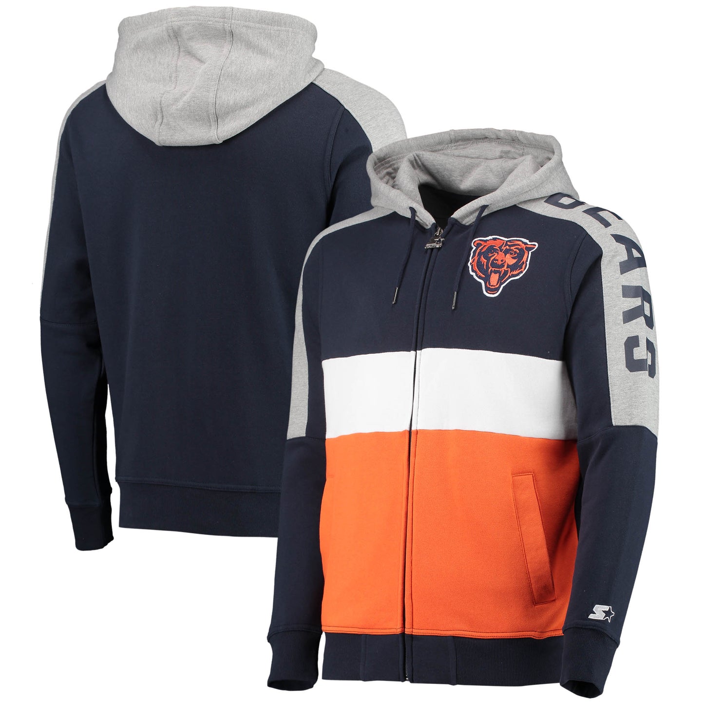 Men's Starter Navy/Orange Chicago Bears Playoffs Color Block Full-Zip Hoodie