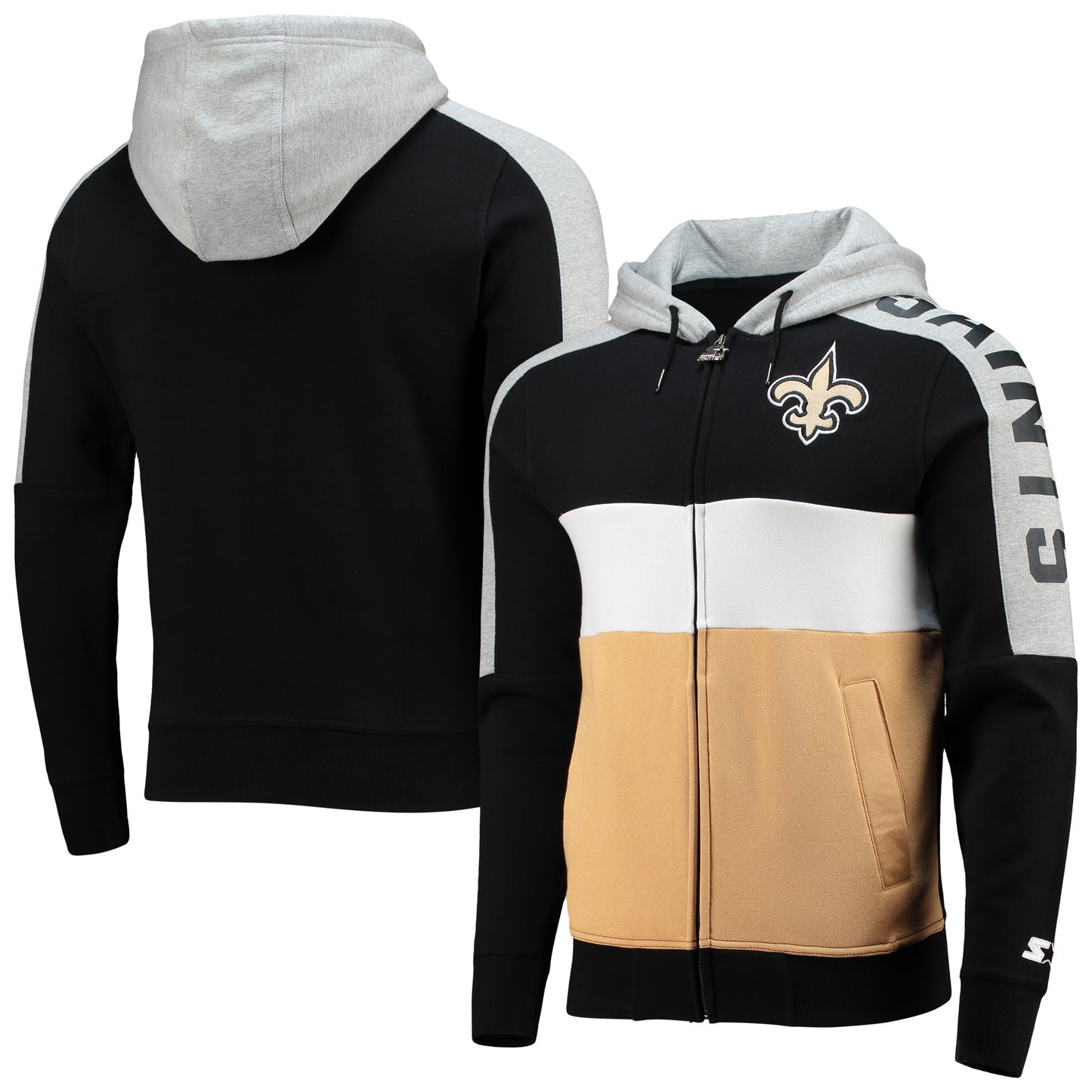 Men's Starter Black/Gold New Orleans Saints Playoffs Color Block Full-Zip Hoodie