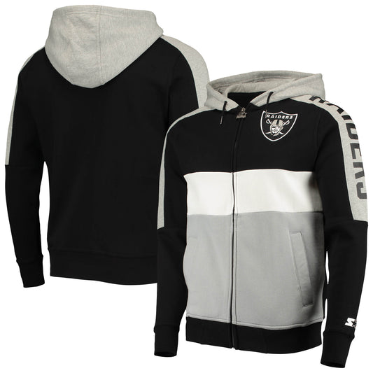 Men's Starter Black/Silver Las Vegas Raiders Playoffs Color Block Full-Zip Hoodie