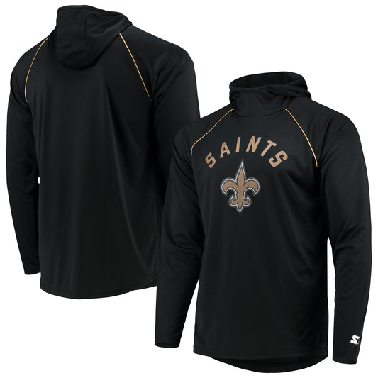 Men's Starter Black New Orleans Saints Raglan Long Sleeve Hoodie T-Shirt