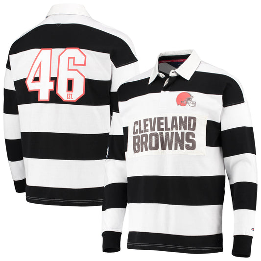 Men's Tommy Hilfiger Black/White Cleveland Browns Varsity Stripe Rugby Long Sleeve Polo