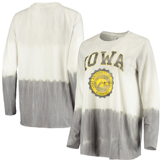 Women's Gameday Couture White/Gray Iowa Hawkeyes High Line Tiered Dip-Dye Long Sleeve Tri-Blend T-Shirt