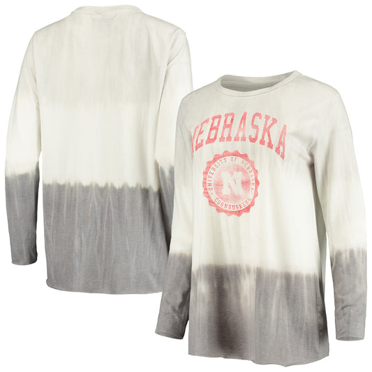 Women's Gameday Couture White/Gray Nebraska Huskers High Line Tiered Dip-Dye Long Sleeve Tri-Blend T-Shirt