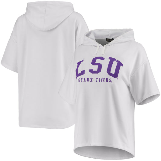 Women's White LSU Tigers Flowy Tri-Blend Short Sleeve Pullover Hoodie