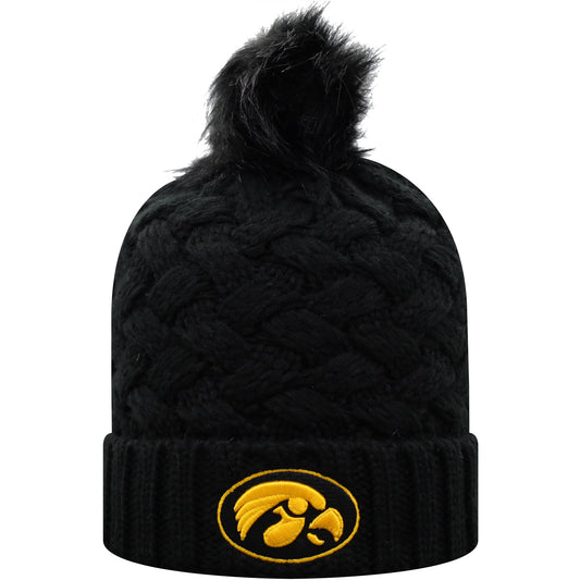 Women's Top of the World Black Iowa Hawkeyes Frankie Cuffed Knit Hat with Pom