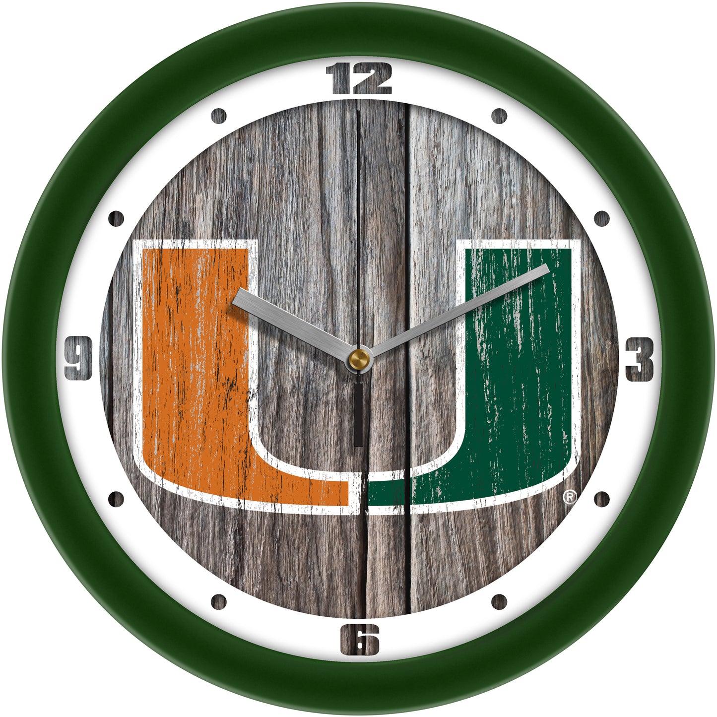 Miami Hurricanes 11.5'' Suntime Premium Glass Face Weathered Wood Wall Clock