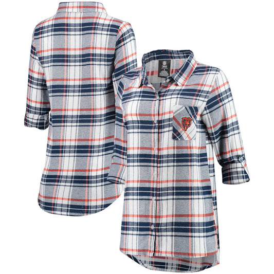 Women's Concepts Sport Navy/Orange Chicago Bears Accolade Flannel Long Sleeve Button-Up Nightshirt