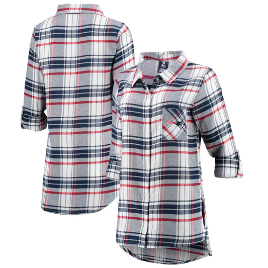 Women's Concepts Sport Navy/Red New England Patriots Accolade Flannel Long Sleeve Button-Up Nightshirt