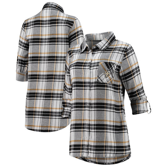 Women's Concepts Sport Black/Gold New Orleans Saints Accolade Flannel Long Sleeve Button-Up Nightshirt