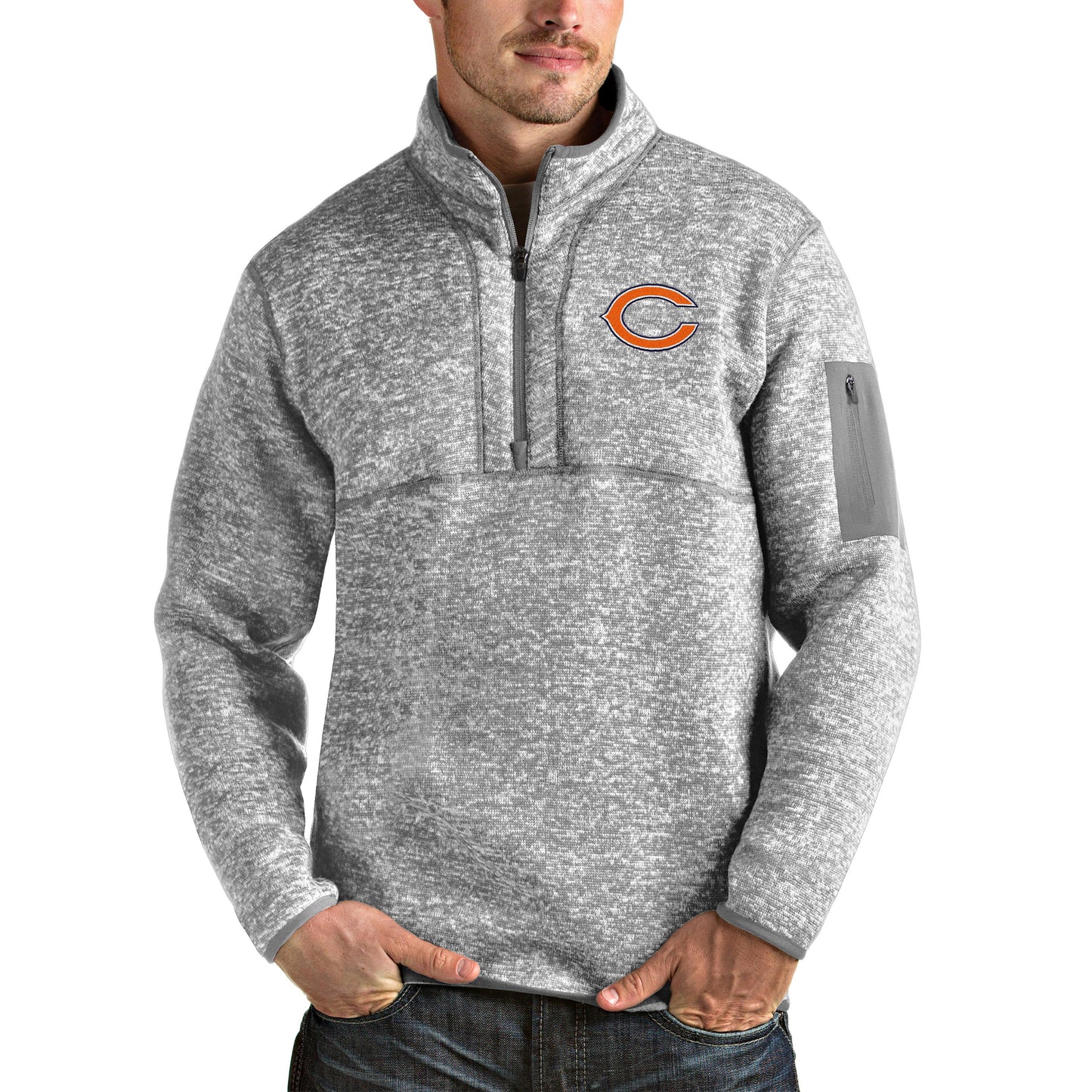 Men's Antigua Heathered Gray Chicago Bears Fortune Quarter-Zip Pullover Jacket