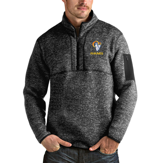 Men's Antigua Heathered Black Los Angeles Rams Fortune Quarter-Zip Pullover Jacket