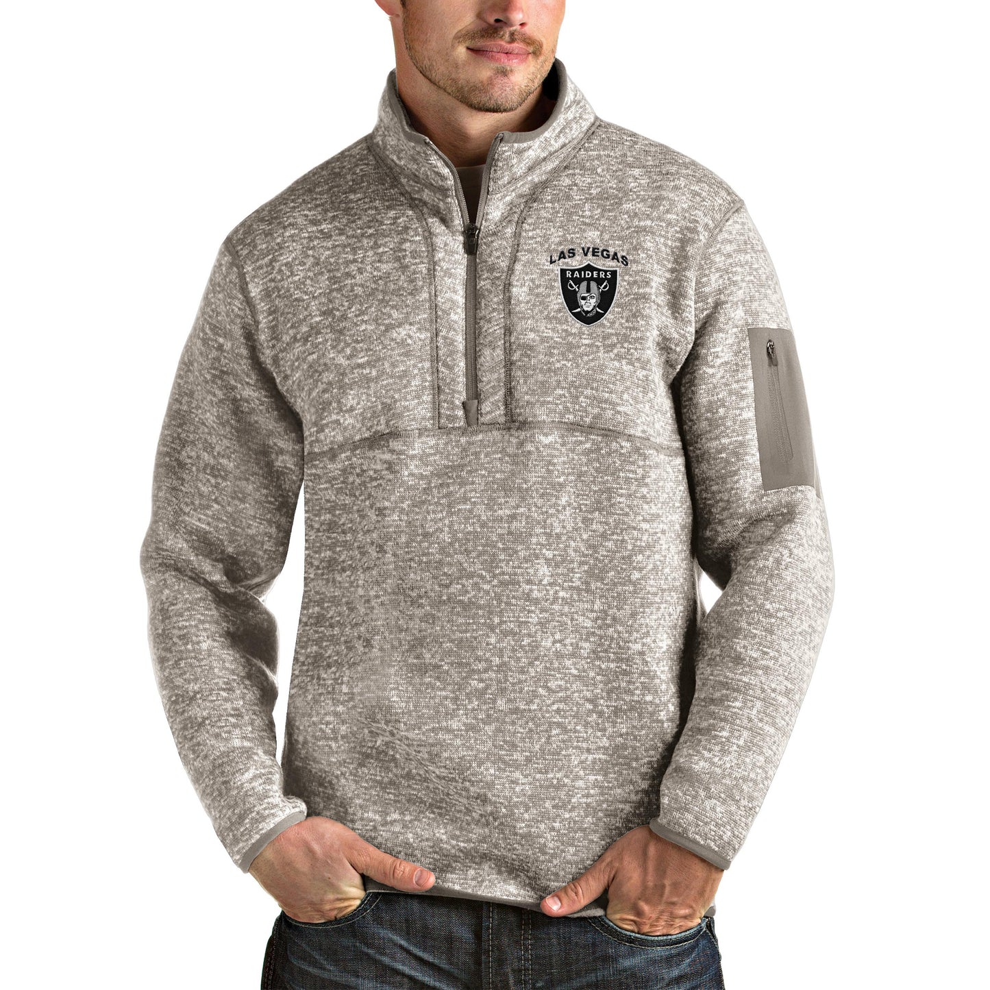 Men's Antigua Oatmeal Las Vegas Raiders Primary Logo Fortune Quarter-Zip Pullover Jacket