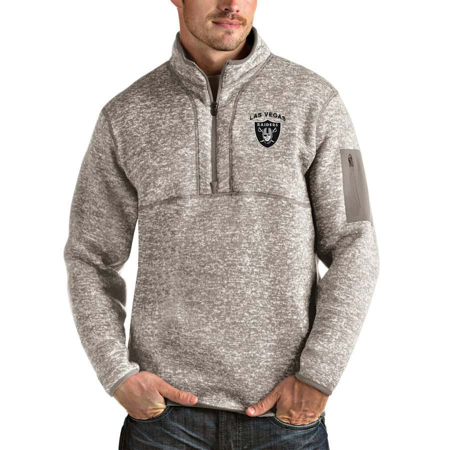 Men's Antigua Oatmeal Las Vegas Raiders Primary Logo Fortune Quarter-Zip Pullover Jacket