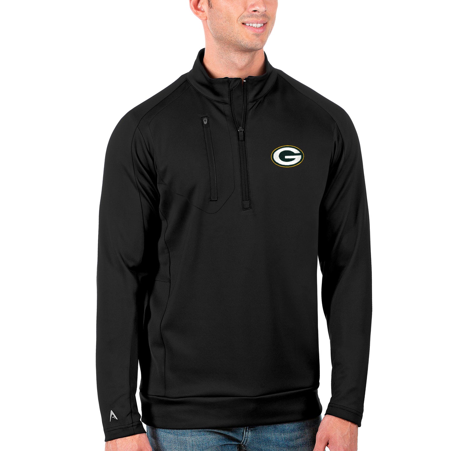 Men's Antigua Black Green Bay Packers Generation Quarter-Zip Pullover Jacket