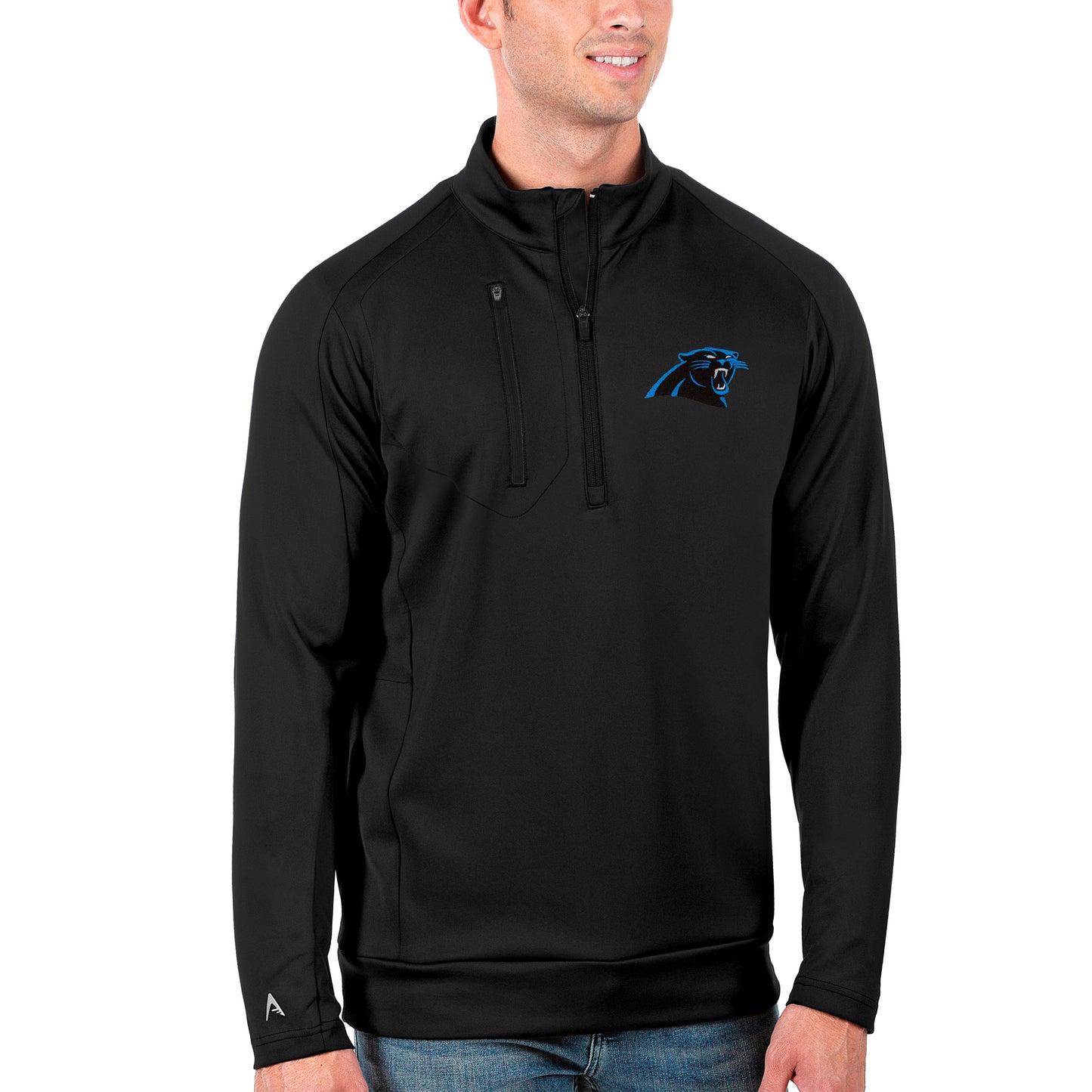 Men's Antigua Black Carolina Panthers Generation Quarter-Zip Pullover Jacket