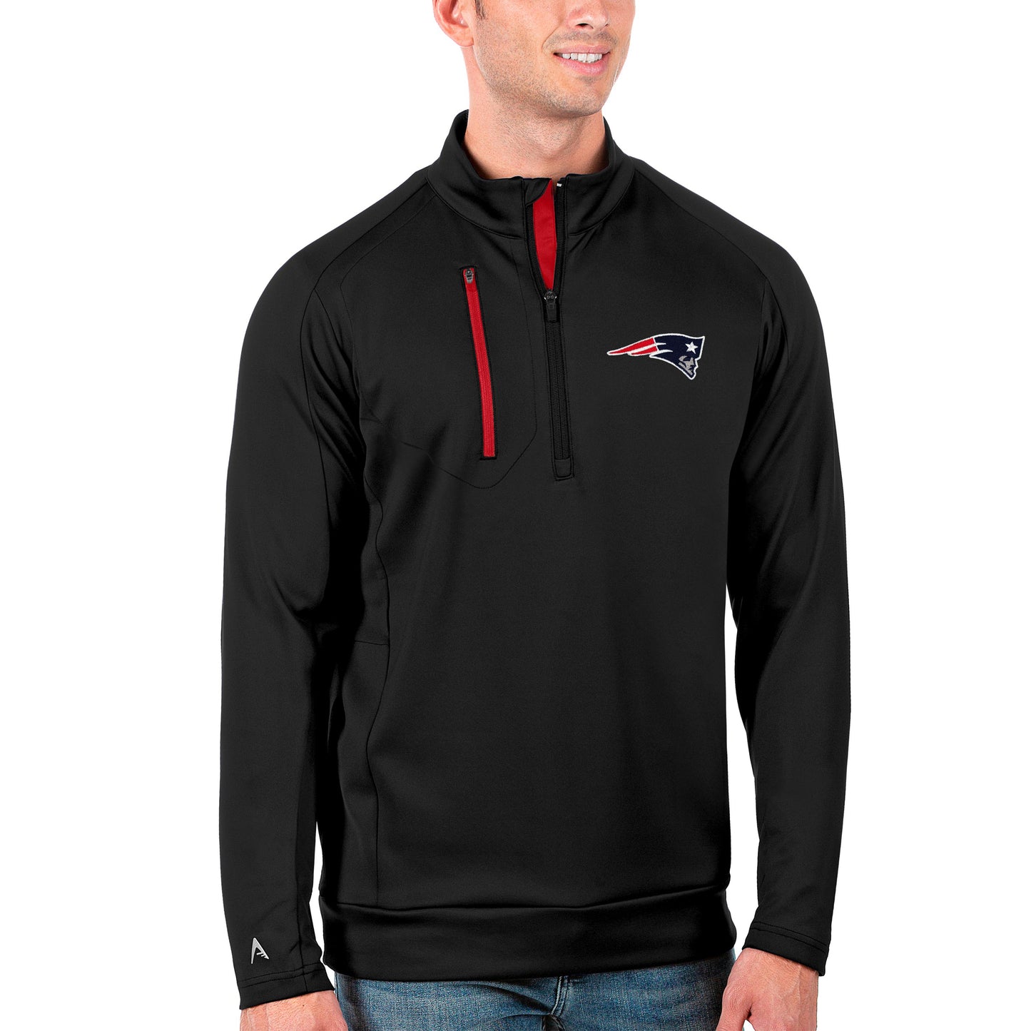 Men's Antigua Black/Red New England Patriots Generation Quarter-Zip Pullover Jacket