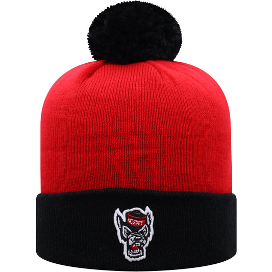 Men's Top of the World Red/Black NC State Wolfpack Core 2-Tone Cuffed Knit Hat with Pom