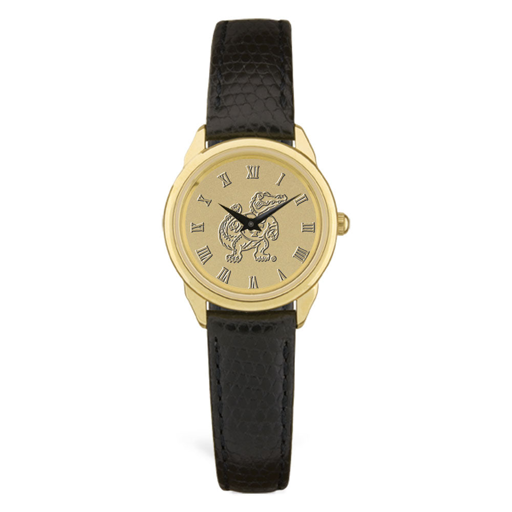 Women's Florida Gators Gold Mascot Medallion Black Leather Wristwatch