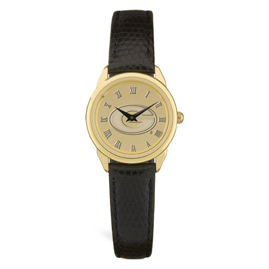 Women's Georgia Bulldogs Gold Medallion Black Leather Wristwatch