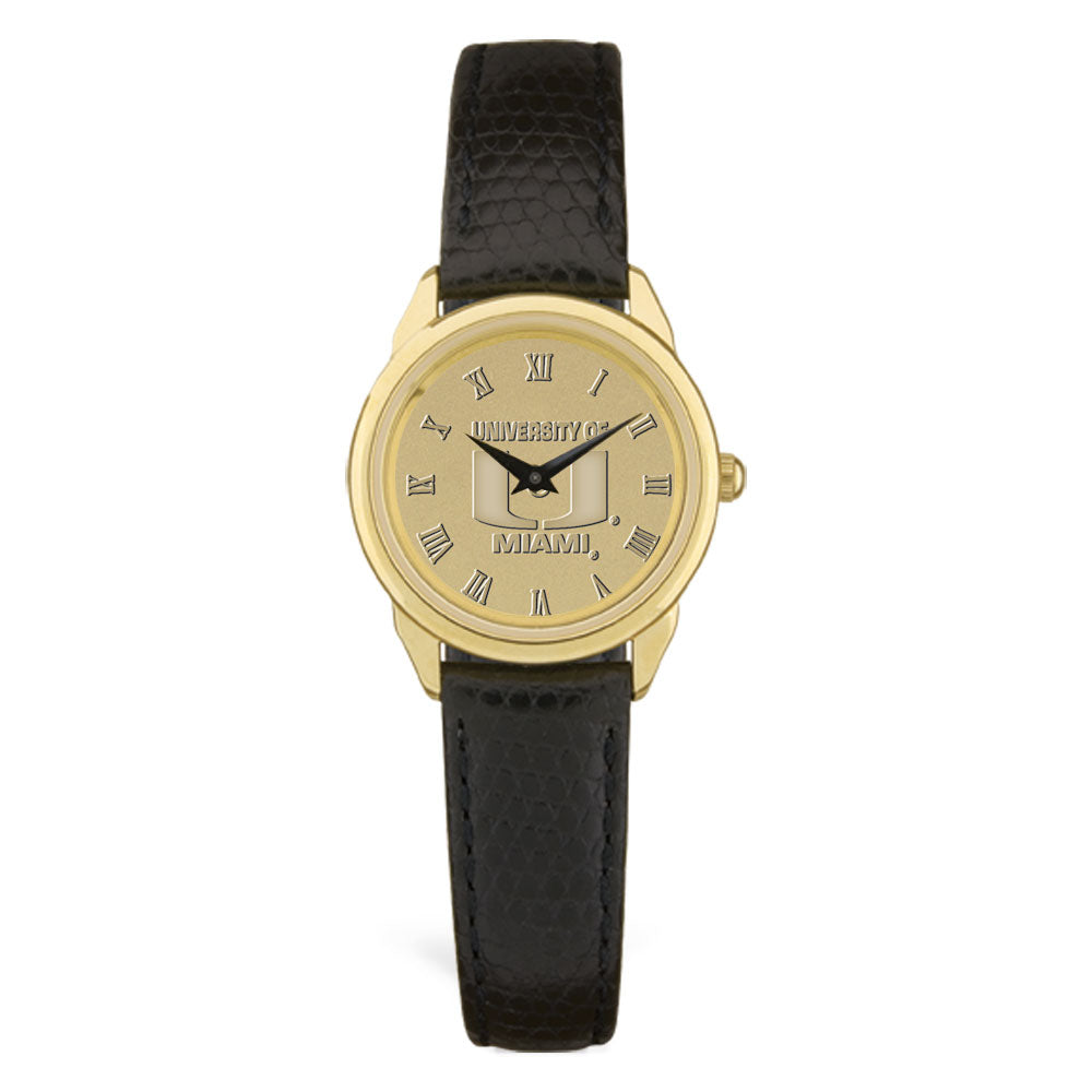 Women's Miami Hurricanes Gold Medallion Black Leather Wristwatch