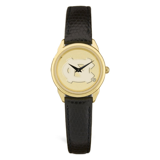 Women's North Carolina Tar Heels Gold Medallion Black Leather Wristwatch