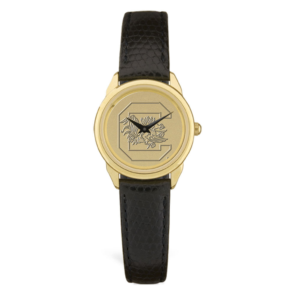 Women's South Carolina Gamecocks Gold Medallion Black Leather Wristwatch