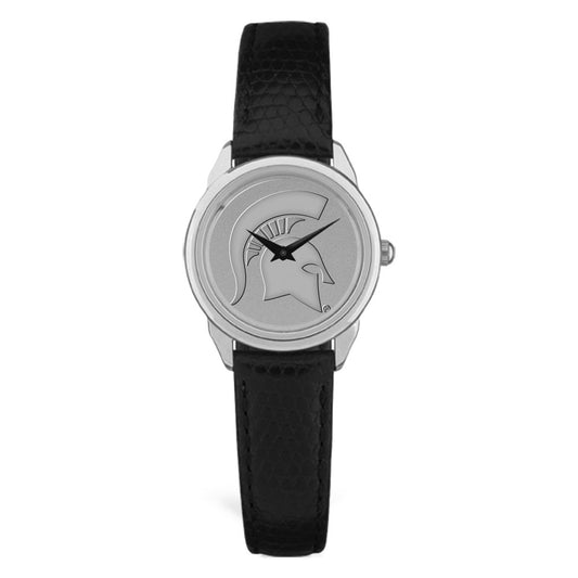 Women's Michigan State Spartans Silver Medallion Black Leather Wristwatch