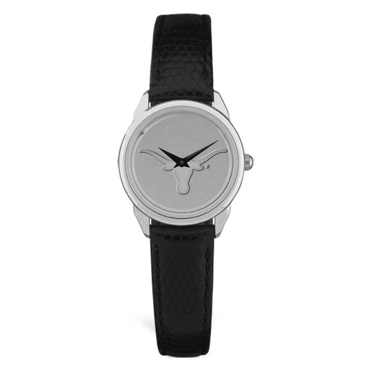 Women's Texas Longhorns Silver Medallion Black Leather Wristwatch