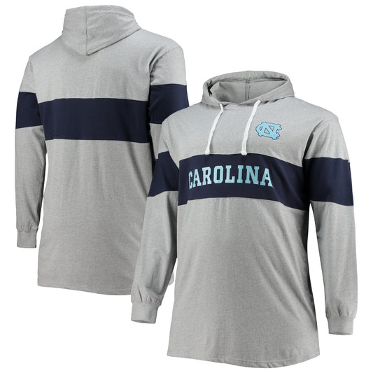 Men's Heathered Gray North Carolina Tar Heels Big & Tall Color Block Long Sleeve Hoodie T-Shirt